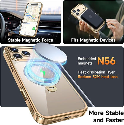 [Tri-Shield Protection] for iPhone 17 Pro Max Case with 360° Spin Stand Compatible with MagSafe [Magnetic CD Ring][Screen & Camera Lens Protector] Shockproof Plating Never-Yellowing, Gold-6.9"