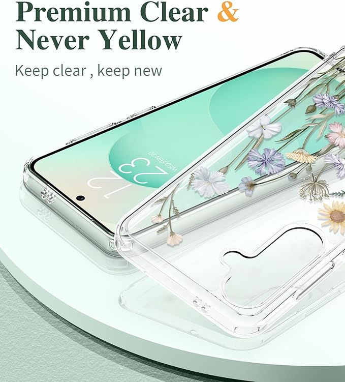 GVIEWIN for Samsung Galaxy S25 Case, Clear Floral Slim Shockproof Protective Women Phone Case, Non-Yellowing, with Screen Protector & Camera Lens Protector for Galaxy S25 6.2", Vibrant Spring