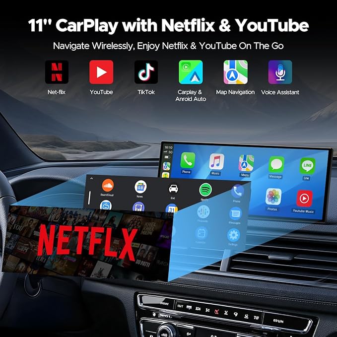 Volam 11'' Wireless Carplay Screen for Car Built-in Net-Flix YouTube Apps, Portable Touchscreen Car Stereo with Android Auto, Backup Camera, OTA Updates, Bluetooth, Voice Control, GPS Navigation,FM