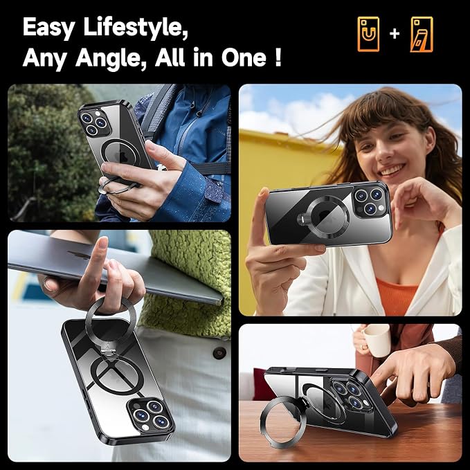 [Tri-Shield Protection] for iPhone 16 Pro Max Case with 360° Spin Stand Compatible with MagSafe [Magnetic CD Ring][Screen & Camera Lens Protector] Shockproof Plating Never-Yellowing, Black-6.9"