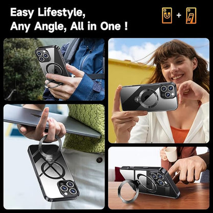 [Tri-Shield Protection] for iPhone 16 Pro Max Case with 360° Spin Stand Compatible with MagSafe [Magnetic CD Ring][Screen & Camera Lens Protector] Shockproof Plating Never-Yellowing, Black-6.9"