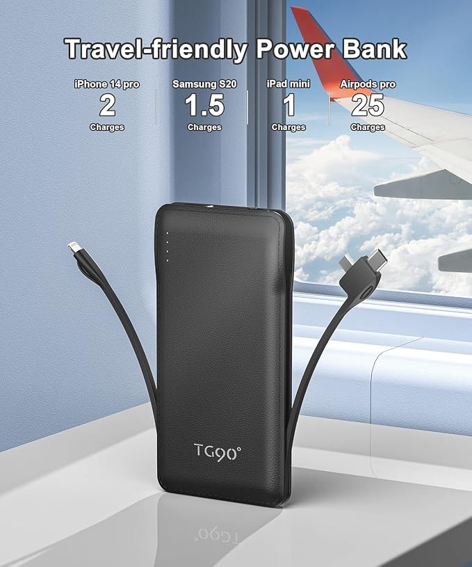 TG90° 2 Pack Slim Portable Charger with Built in Cables,10000mAh Power Bank Travel Charger Cell Phone External Battery Pack,4 Output Portable Bank Compatible with iPhone Android Phone