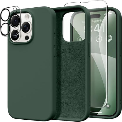 GONEZ Magnetic for iPhone 15 Pro Case, Compatible with MagSafe, [Screen Protector + Camera Lens Protector], Silicone Shockproof Anti-Scratch Protective Phone Case 6.1 inch, Dark Green