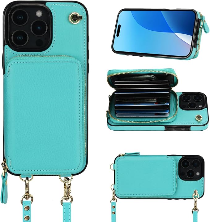 Bocasal Crossbody Wallet Case for iPhone 16 Pro Max, RFID Blocking Leather Purse Case with Card Holder, Protective Handbag Flip Cover with Zipper Wrist Strap Lanyard for Women 5G 6.9 Inch (Mint Green)