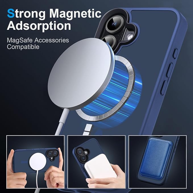 Magnetic Case for iPhone 16 Case [10FT-Grade Drop Tested & Compatible with MagSafe] Translucent Anti-Fingerprint Shockproof Protective Cover 6.1 Inch, Deep Blue