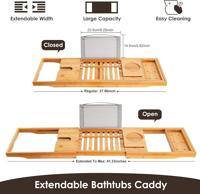 Bathtub Caddy Tray, Bamboo Bath Tray Table Extendable Reading Rack Tablet Phone Holder Wine Glass Holder Shelf Desk Bathroom Spa
