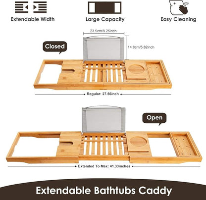 Bathtub Caddy Tray, Bamboo Bath Tray Table Extendable Reading Rack Tablet Phone Holder Wine Glass Holder Shelf Desk Bathroom Spa
