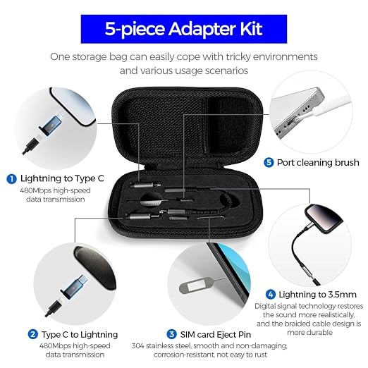 5-in-1 Adapter Kit - USB Multi Charging Cable Converter C to Lightning / 3.5- to Lightning - 480Mbps Data Transfer - SIM Ejector & Port Cleaning Brush | Universal Device Compatibility