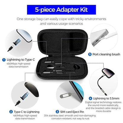 5-in-1 Adapter Kit - USB Multi Charging Cable Converter C to Lightning / 3.5- to Lightning - 480Mbps Data Transfer - SIM Ejector & Port Cleaning Brush | Universal Device Compatibility