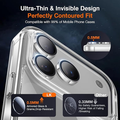 LK for iPhone 17 Pro/17 Pro Max Camera Lens Protector [Top 9H+ Military Grade Shatterproof] One-Click Installation, Ultra-Tough HD, Individual Lens Protectors Scratch-resistant, Silver,2 Pack