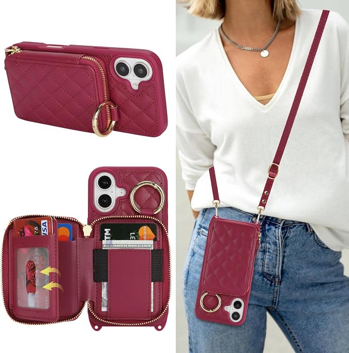 Crossbody Wallet Case for iPhone 17, PU Leather Zipper Handbag Purse Flip Cover, Kickstand Folio Case with Card Slots Holder Wrist Strap Lanyard 5G 6.3 Inch-Dark red