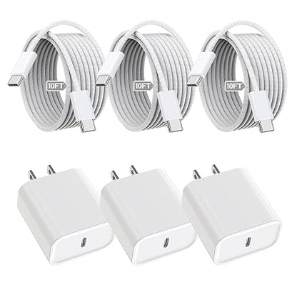 iPhone 16 15 Charger Fast Charging,3Pack 20W Fast Charging USB C Charger with 10Foot Long Type C to C Cable Cord TypeC Block Brick for iPhone 17/16e/16/16Pro/16 Plus/16 ProMax/15 Pro,iPad Air/Pro/Mini