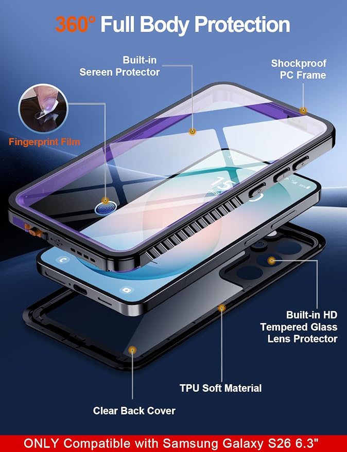 MOZOTER Designed for Samsung Galaxy S26 Case Waterproof, Military Shockproof Full Body Cover with Built-in Screen & Lens Protector, IP68 Underwater Protection for S26 6.3" Purple