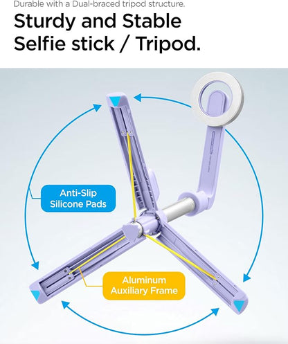 Spigen Selfie Stick Tripod Stand with Bluetooth Remote Control Shutter 24" Extendable Compatible with MagSafe iPhone 17/16/15/14/13/12 Pixelsnap Pixel 10 Series & More - Lavender (S571W)