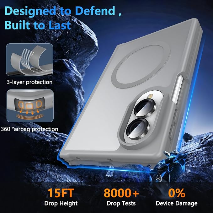 Hensinple Magnetic for Z Fold 8 Case, Samsung Galaxy Z Fold 8 Case[Fit for Mag-Safe ] Translucent Matte Military Grade Rugged Protection Shockproof Protective Hard Phone Cases,Grey