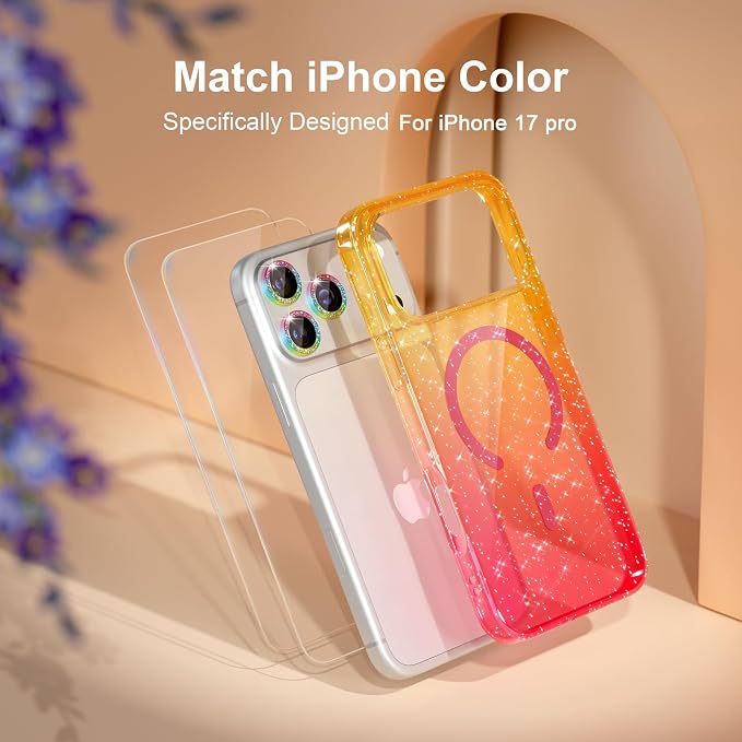 Choiche Magnetic for iPhone 17 Pro Case Compatible with MagSafe, Women Cute Glitter Sparkly Phone Case with Diamond Camera Lens Protectors, Military-Grade Drop Protection 6.3" (Gold/Pink)