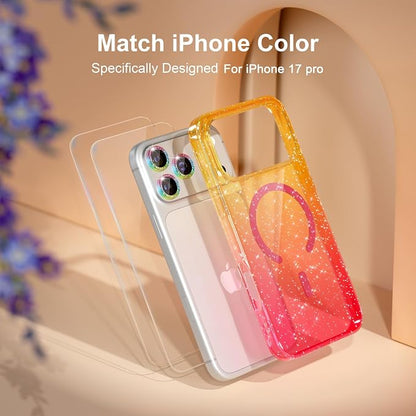 Choiche Magnetic for iPhone 17 Pro Case Compatible with MagSafe, Women Cute Glitter Sparkly Phone Case with Diamond Camera Lens Protectors, Military-Grade Drop Protection 6.3" (Gold/Pink)