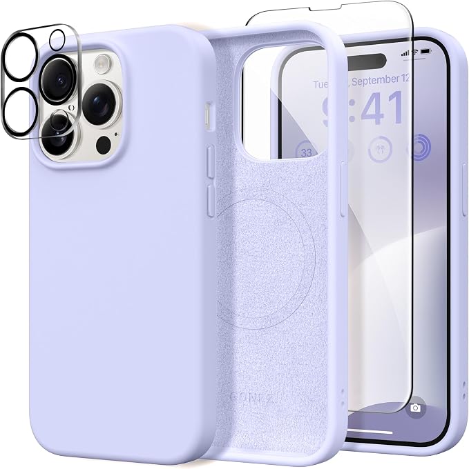 GONEZ for iPhone 14 Pro Case, Compatible with Magsafe, with Screen Protector + Camera Lens Protector, Soft Anti-Scratch Microfiber Lining, Shockproof Liquid Silicone Phone Cover, Lilac