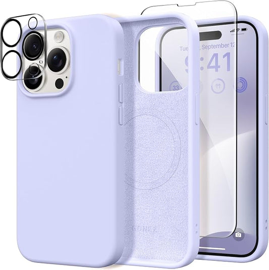 GONEZ for iPhone 14 Pro Case, Compatible with Magsafe, with Screen Protector + Camera Lens Protector, Soft Anti-Scratch Microfiber Lining, Shockproof Liquid Silicone Phone Cover, Lilac