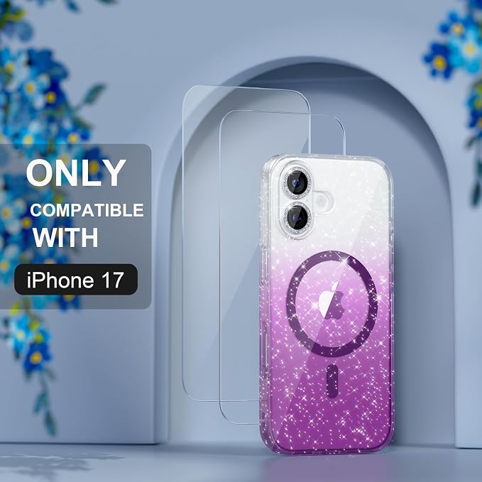 Choiche Magnetic for iPhone 17 Case Compatible with MagSafe, Women Cute Glitter Sparkly Phone Case with Diamond Camera Lens Protectors, Military-Grade Drop Protection 6.3" (Clear/Purple)