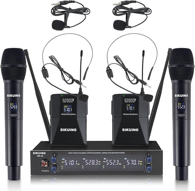 4 Channel UHF Wireless Microphone System with Lavalier Headset Mics, 4x50 Adjustable Frequencies, Ideal for Karaoke Meeting Church, 300ft Range