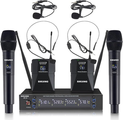 4 Channel UHF Wireless Microphone System with Lavalier Headset Mics, 4x50 Adjustable Frequencies, Ideal for Karaoke Meeting Church, 300ft Range