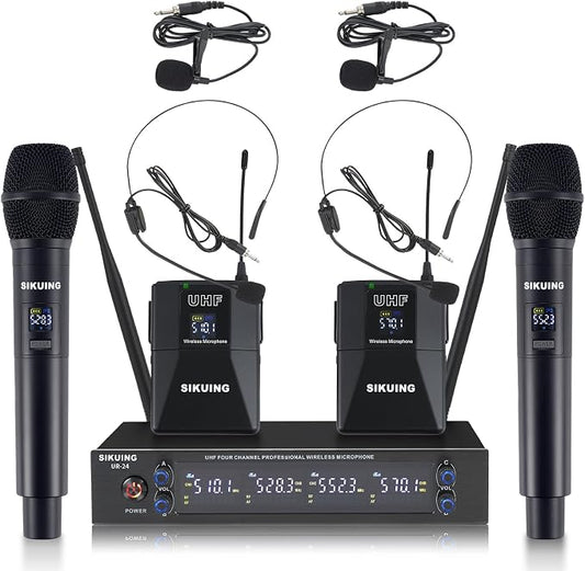 4 Channel UHF Wireless Microphone System with Lavalier Headset Mics, 4x50 Adjustable Frequencies, Ideal for Karaoke Meeting Church, 300ft Range