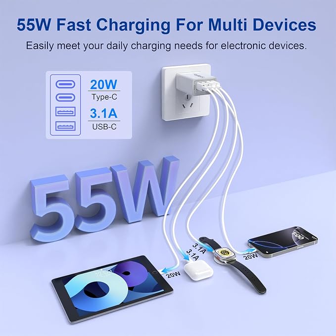 USB C Charger Block, 2 Pack 55W 4-Port Multiport Fast Wall Charger with PD (2x20W)+QC (2x3.1A) Power Adapter, Fast Charging Cable, Type C Charging Hub for iPhone 17/16/15/14/13/12/Pro/Max/XS