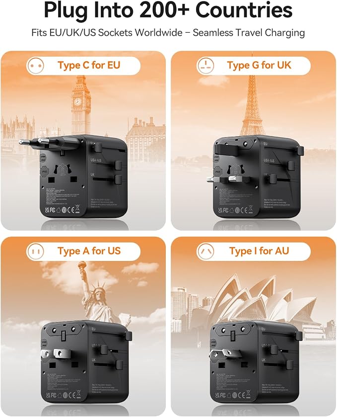 ORICO Universal Travel Adapter 100W GaN International Power Adapter | 7 in 1 (2 AC, 3 USB-C, 2 USB-A) European Travel Plug Adapter, Built-in Retractable USB-C Cable for Eu UK AU 200+ Countries