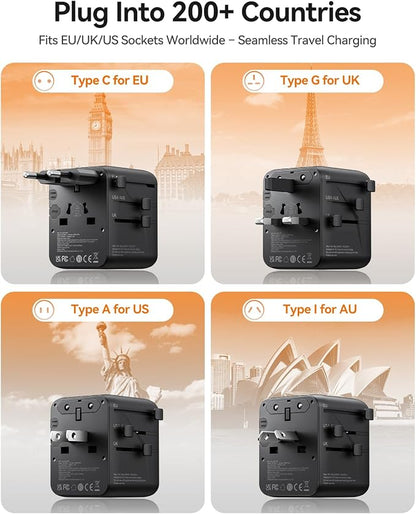 ORICO Universal Travel Adapter 100W GaN International Power Adapter | 7 in 1 (2 AC, 3 USB-C, 2 USB-A) European Travel Plug Adapter, Built-in Retractable USB-C Cable for Eu UK AU 200+ Countries