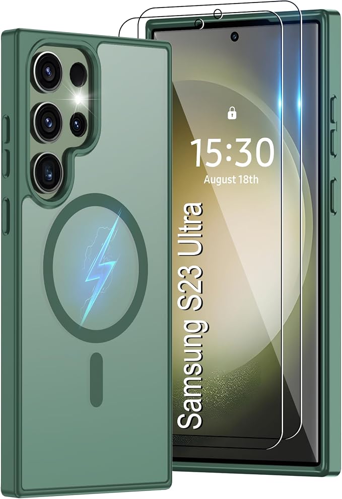 For Samsung Galaxy S23 Ultra Case [Compatible with Magsafe] Translucent Matte Magnetic Phone Case,Slim Thin Duty Shockproof Protection Cover with 2pc Screen Protector Case for S 23 Ultra-Dark green