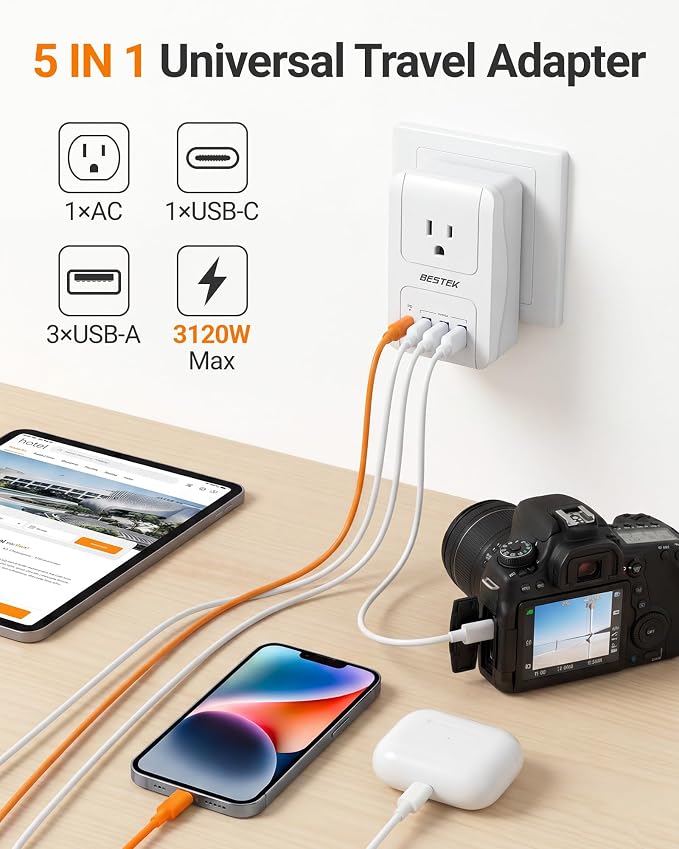 BESTEK Universal Travel Adapter, International Power Adapter with 1 Outlets 4 USB Charging Ports (1 USB C PD 35W), Plugs for EU, UK, US, China, AU, Japan - for Laptop, Phone, Camera