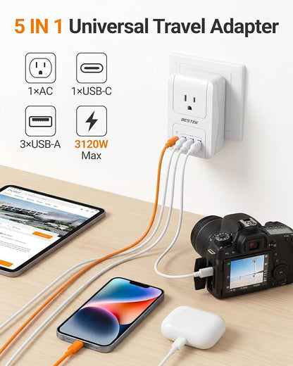 BESTEK Universal Travel Adapter, International Power Adapter with 1 Outlets 4 USB Charging Ports (1 USB C PD 35W), Plugs for EU, UK, US, China, AU, Japan - for Laptop, Phone, Camera