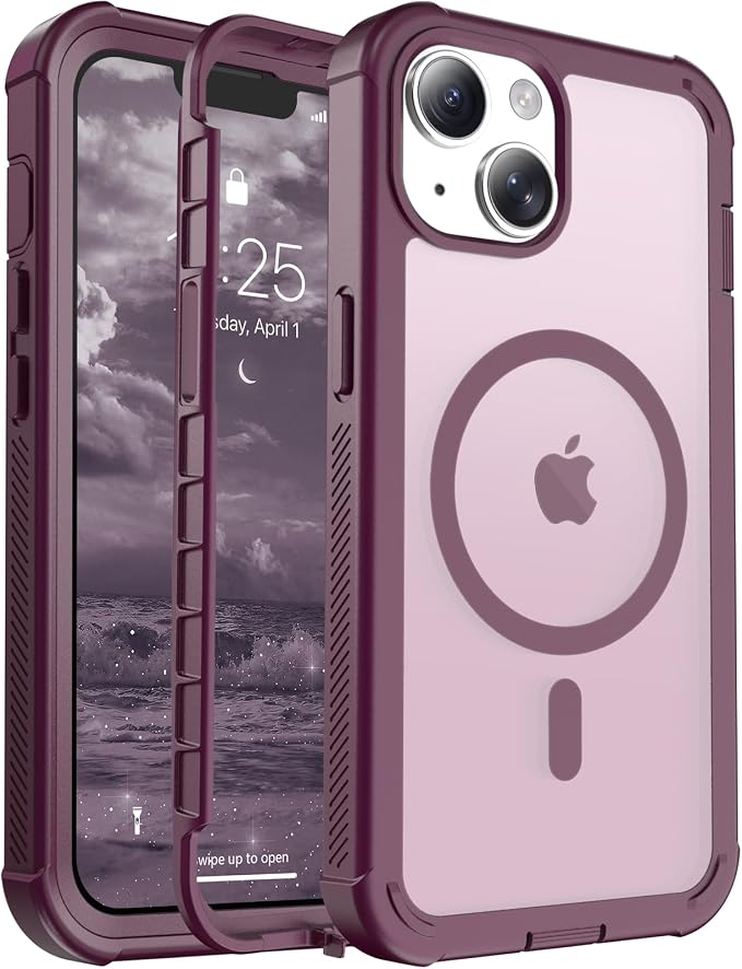 jaroco Magnetic for iPhone 13 Case, [Compatible with MagSafe][Military Grade Drop Protection][Heavy Duty Protection][Non-Slip][Shockproof] 2-Layer Durable Bumper Phone Case 6.1''-Wine Red