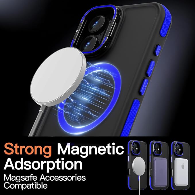 Magnetic case for iPhone 16 [10Ft Military-Grade Protection] Built-in Camera Stand Phone case, Compatible with fit MagSafe Shockproof Slim Thin Cover 6.1 inch,Blue Bumper Stand