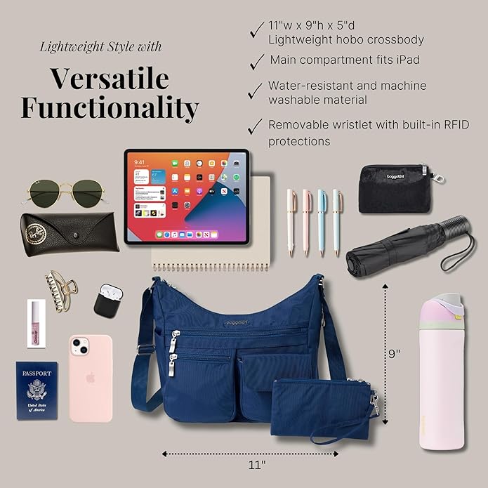 Baggallini womens Everywhere Bagg Crossbody Women 11x9 Lightweight Nylon Hobo Water-resistant Travel Bag W/Rfid