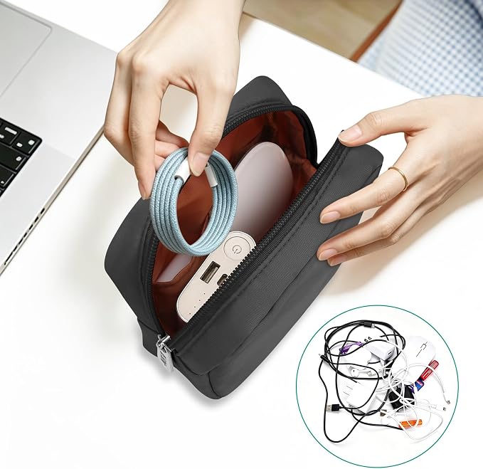 Tech Organizer Pouch, Small Multi-Pocket Electronics Case (Black) | Water-resistant nylon, foam padding, metal zipper, travel cable bag for charger, power bank, earbuds, SD cards and USB cables