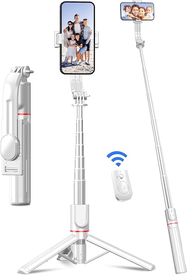 SelfieShow Phone Tripod & Selfie Stick, 41" Extendable Travel Tripod Stand with Detachable Remote, 360 Rotation, Compatible with iPhone/Samsung/GoPro & More (White)