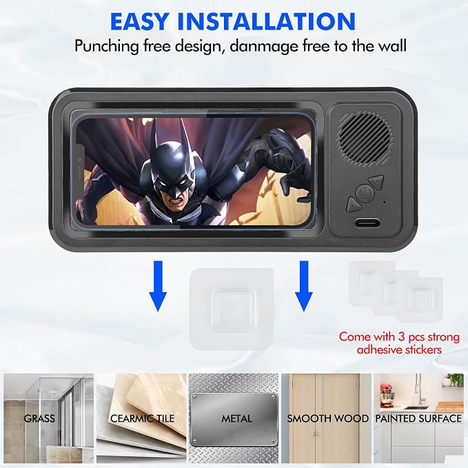 Fanlory Shower Phone Holder with Wireless Bluetooth Speaker, Waterproof 480 Rotation Viewable Shower Phone Stand Case Mount Speakers for Bathroom Wall Mirro for 4"- 6.8" Cell Phones(Black)