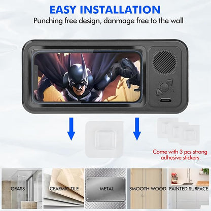 Fanlory Shower Phone Holder with Wireless Bluetooth Speaker, Waterproof 480 Rotation Viewable Shower Phone Stand Case Mount Speakers for Bathroom Wall Mirro for 4"- 6.8" Cell Phones(Black)