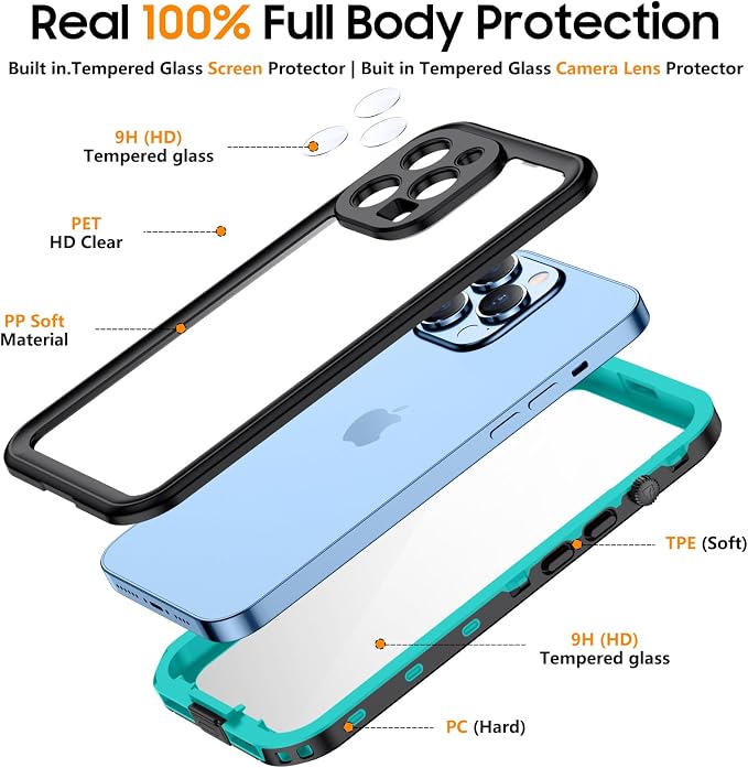 Temdan for iPhone 13 Pro Max Case Waterproof [Built-in Camera Lens & Screen Protector] [Full Body Protection] [IP68 Waterproof] Shockproof Phone Case for iPhone 13 Pro Max 6.7" Blue