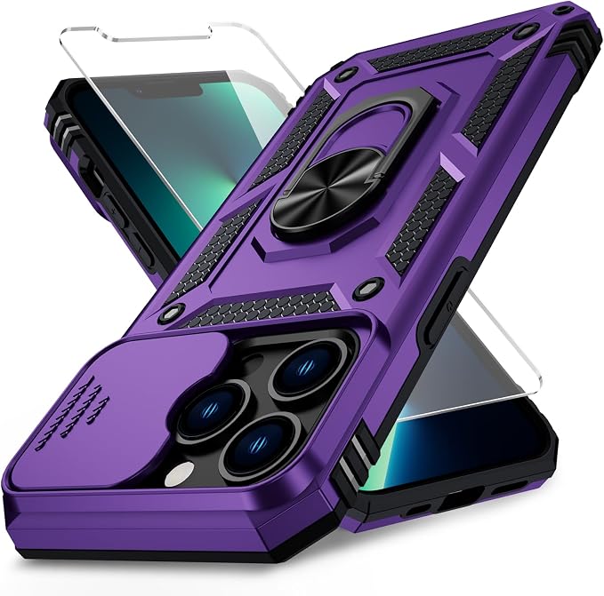 for iPhone 13 Pro Case with Camera Lens Cover, HD Screen Protector, 10 FT Military Grade Drop Protection, Magnetic Ring Holder Kickstand Protective Phone Case for iPhone 13 Pro, Deep Purple