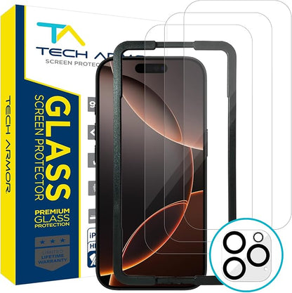 Tech Armor for Apple iPhone 16 Pro Screen Protector Glass 6.3 inch - Ballistic Tempered, Case Friendly, Easy Install, Sensor Protection, HD, 9H Hardness, 3 Pack + Bonus Camera Lens Protector