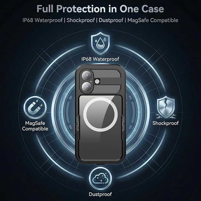 Magnetic for iPhone 17 Case Waterproof, Full-Body Protection Case with Built-in Screen and Camera Protector, Military Shockproof and Dustproof Phone Cover for iPhone 17,6.3" (Black/Clear)