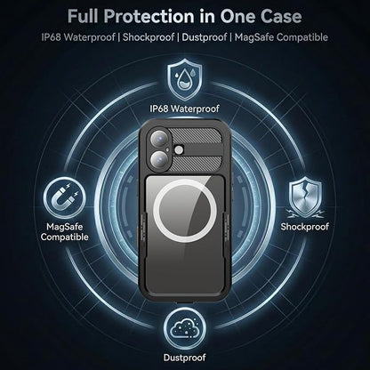 Magnetic for iPhone 17 Case Waterproof, Full-Body Protection Case with Built-in Screen and Camera Protector, Military Shockproof and Dustproof Phone Cover for iPhone 17,6.3" (Black/Clear)