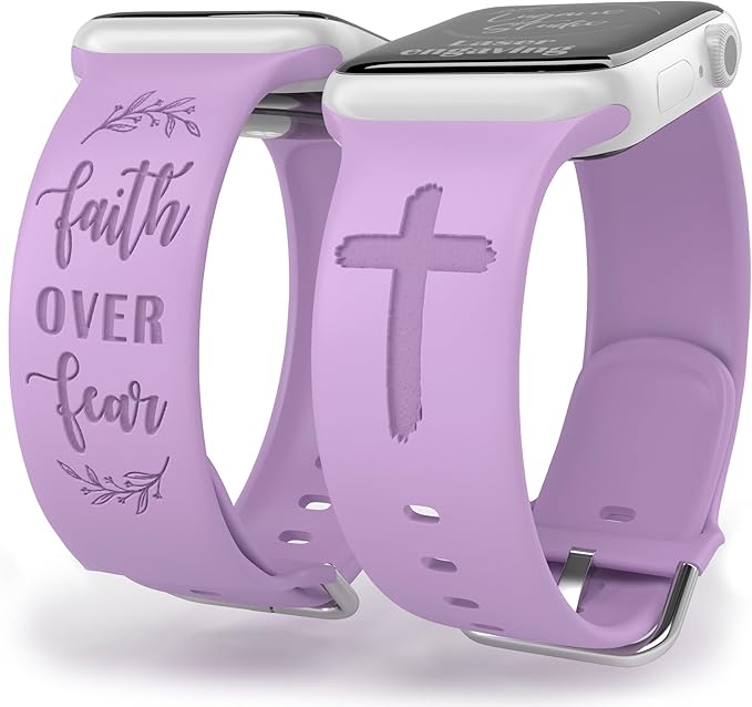 Faith Over Fear Watch Band Compatible with Apple Watch Laser Engraved iWatch Band Silicone 38mm 40mm 41mm 42mm 44mm 45mm 49mm Strap Jesus Psalm Christian God (38/40/41/42mm S/M, Lavender)