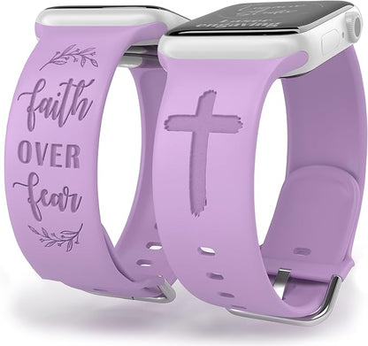 Faith Over Fear Watch Band compatible with Apple Watch Laser Engraved iWatch Band Silicone 38mm 40mm 41mm 42mm 44mm 45mm 49mm Strap Jesus Psalm Christian God (38/40/41/42mm M/L, Lavender)