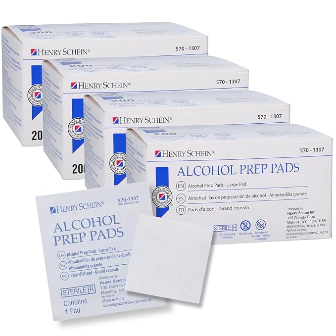 Henry Schein Large Alcohol Prep Pads (4 Boxes, 800 Total) – 70% Isopropyl Alcohol Wipes, Individually Wrapped – 2-Ply, Textured – Skin Prep Alcohol Swabs – Sterile Pads