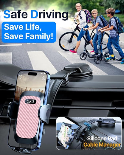 YRU [2026 Ultimate Car Phone Holder Mount [Bendable & Adjustable Aluminum Arm] Cell Phone Holder for Car Dashboard Windshield Phone Stand for iPhone 17 16 15 14 Pro Max Samsung Pickup Truck, Pink
