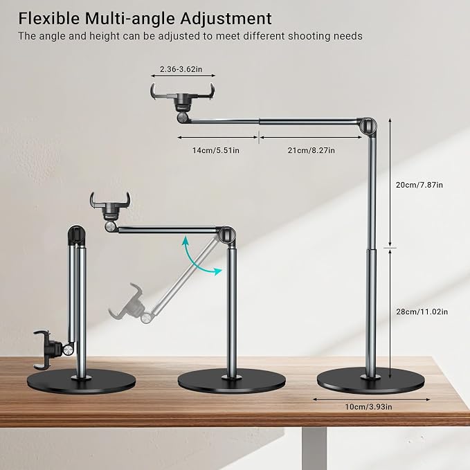 Overhead Phone Mount for Video Recording, Aluminum Overhead Tripod for iPhone, Desk Phone Camera Stand for Cooking, Nail Techs, Filming, Live Streaming